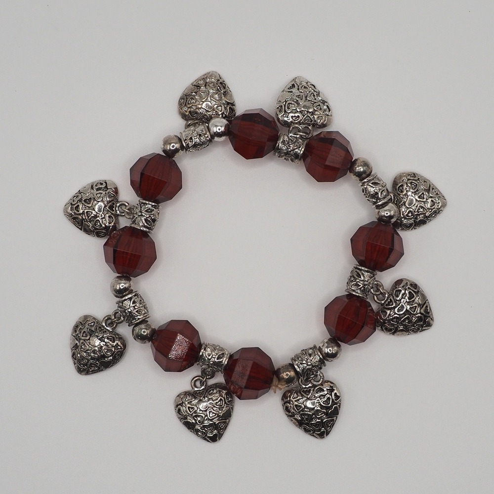 Artisan Stretch Bracelet Embossed Puffy Heart Charms Red Beads Silver Tone Boho